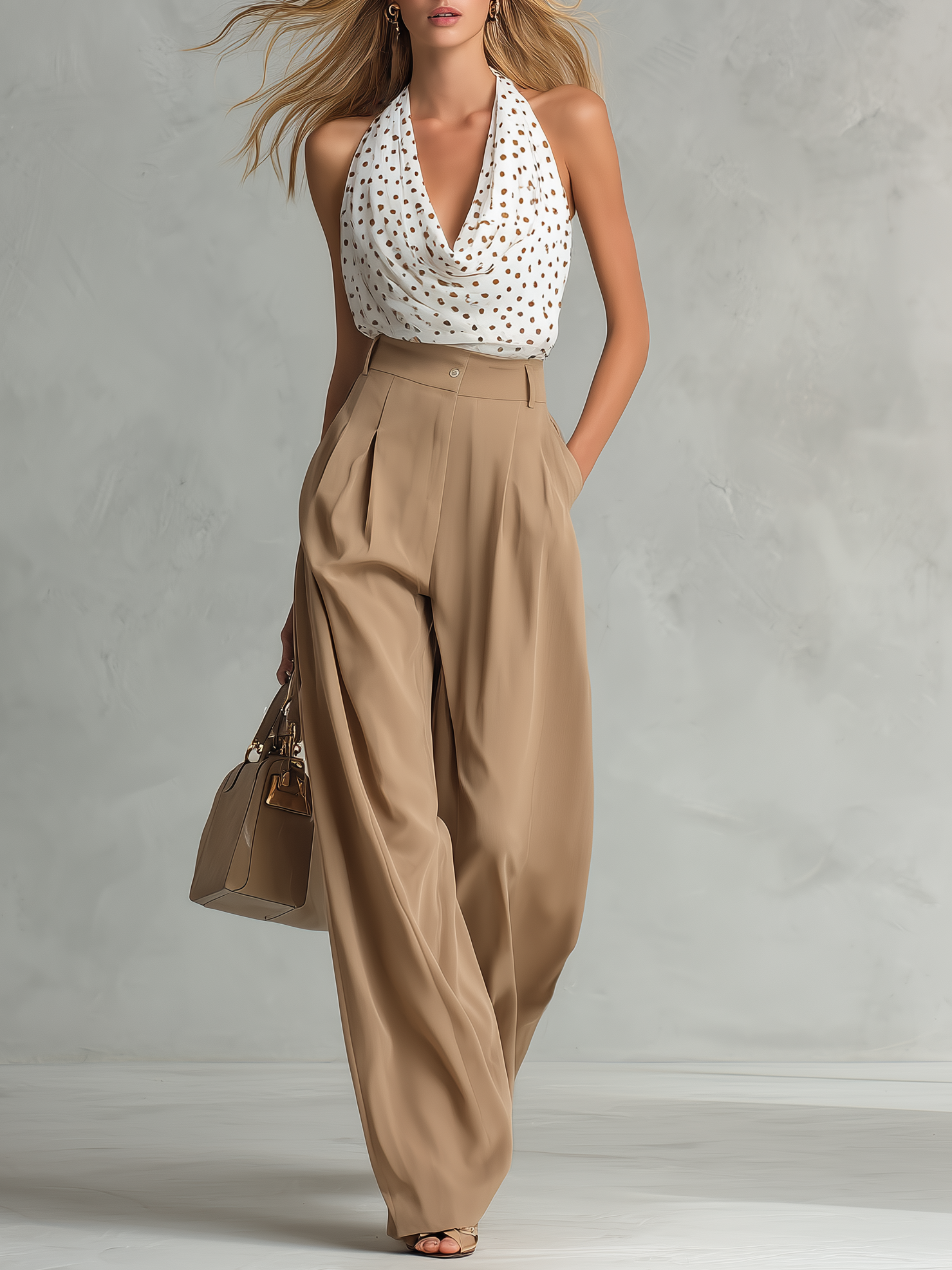 Vintage And Elegant Polka Dot Print Sleeveless Top And Trousers Set