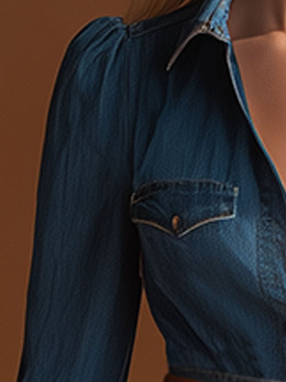 Fashionable Retro Long-sleeved Collared Blue Denim Mini Dress