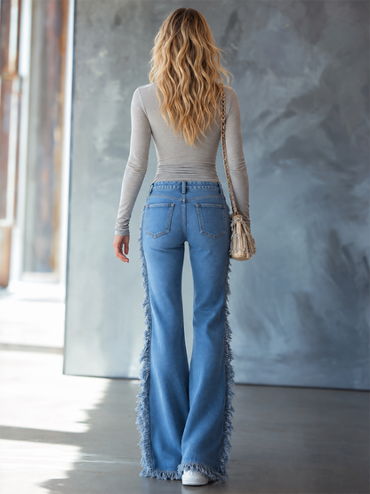 Frayed Side Wide Leg Flare Jeans