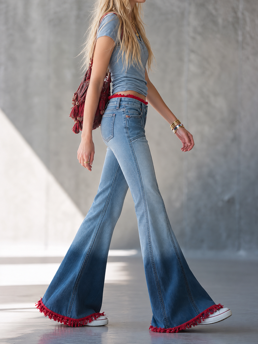 Red Fringe Flare Jeans For Women