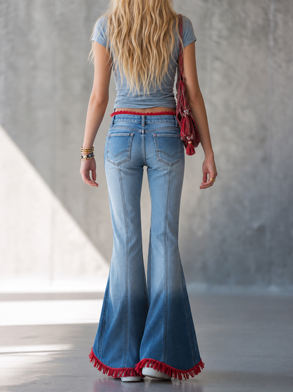 Red Fringe Flare Jeans For Women