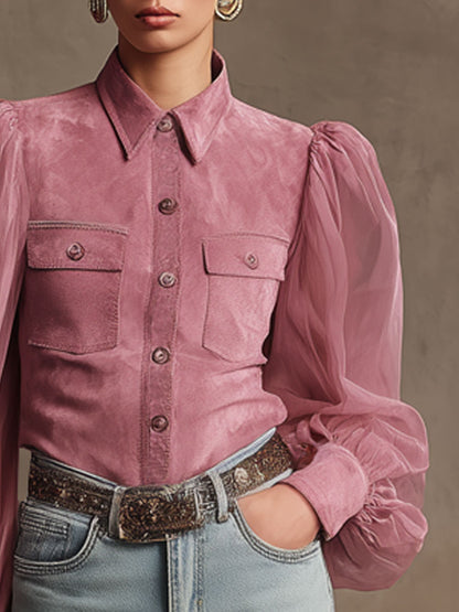 Western Retro Pink Faux Suede Long-Sleeved Shirt