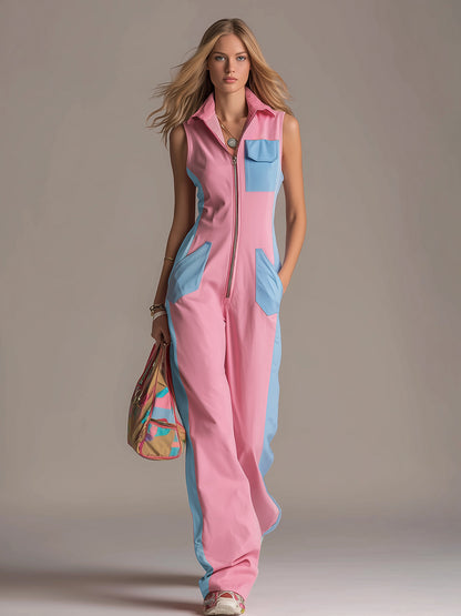 Sporty Trendy Color-blocked Zippered Collar Sleeveless Jumpsuit
