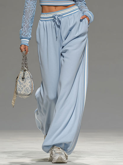 Lace Long-sleeved Zip-up Cropped Top And Wide-leg Pants Set