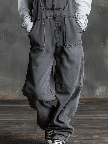 Casual Western Grey Denim Loose Multi-Pocket Jumpsuit Overalls