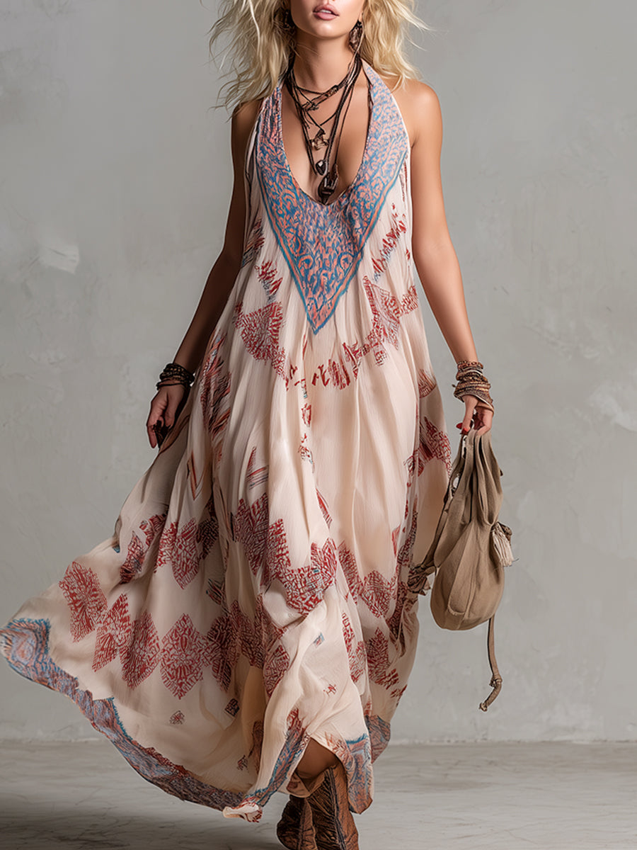 Retro-style Vacation Silhouette Ethnic Print Pink Chiffon Sleeveless Maxi Dress