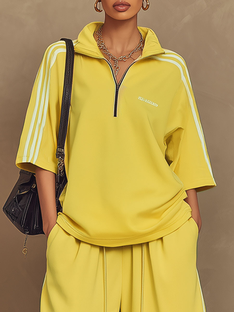 Sporty Retro Yellow Ribbon Crew Neck Short-Sleeve T-Shirt And Shorts Set