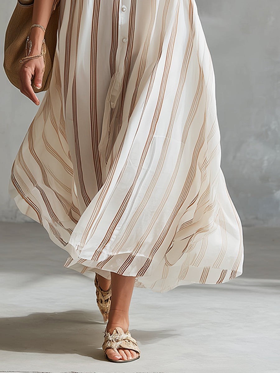 Romantic Vacation Style Off-white Chiffon Striped Print Sleeveless Maxi Dress