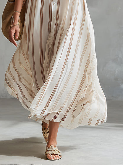 Romantic Vacation Style Off-white Chiffon Striped Print Sleeveless Maxi Dress