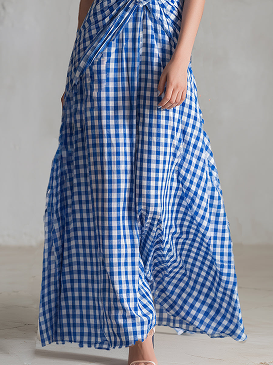 Stylish Urban Blue Checkered Lapel Short-sleeved Maxi Dress