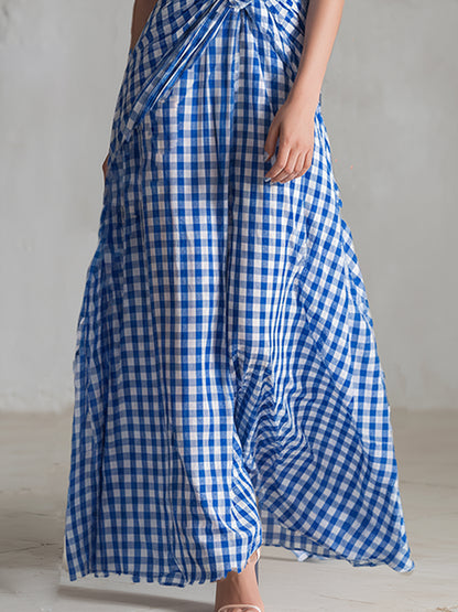 Stylish Urban Blue Checkered Lapel Short-sleeved Maxi Dress
