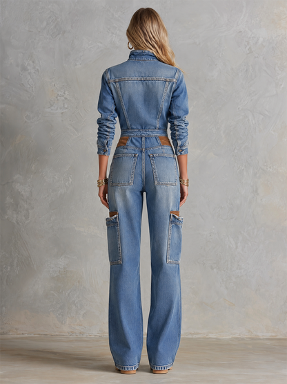 Women’s Patchwork Cargo Denim Jumpsuit With Wide Legs