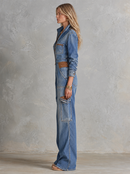 Women’s Patchwork Cargo Denim Jumpsuit With Wide Legs