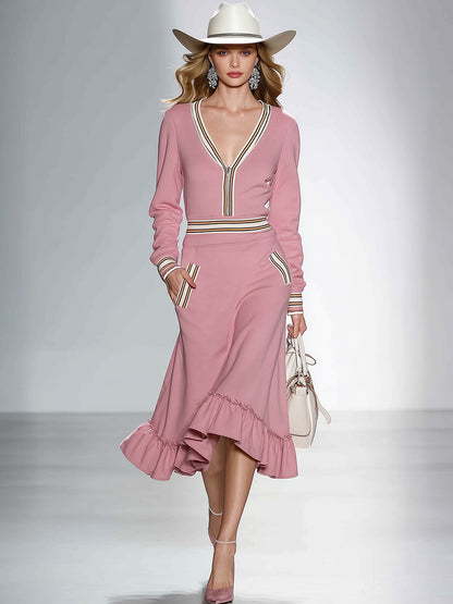 Fashionable And Casual Ruffled Hem Pink V-neck Midi Dress