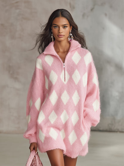 Vintage Charming Classic Argyle Knit Mini Dress