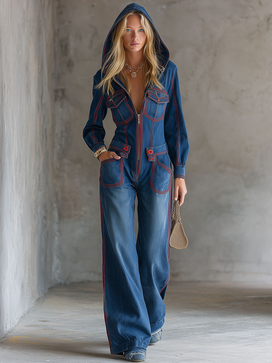 Women’s Hooded Denim Jumpsuit With Red Contrast Stitching