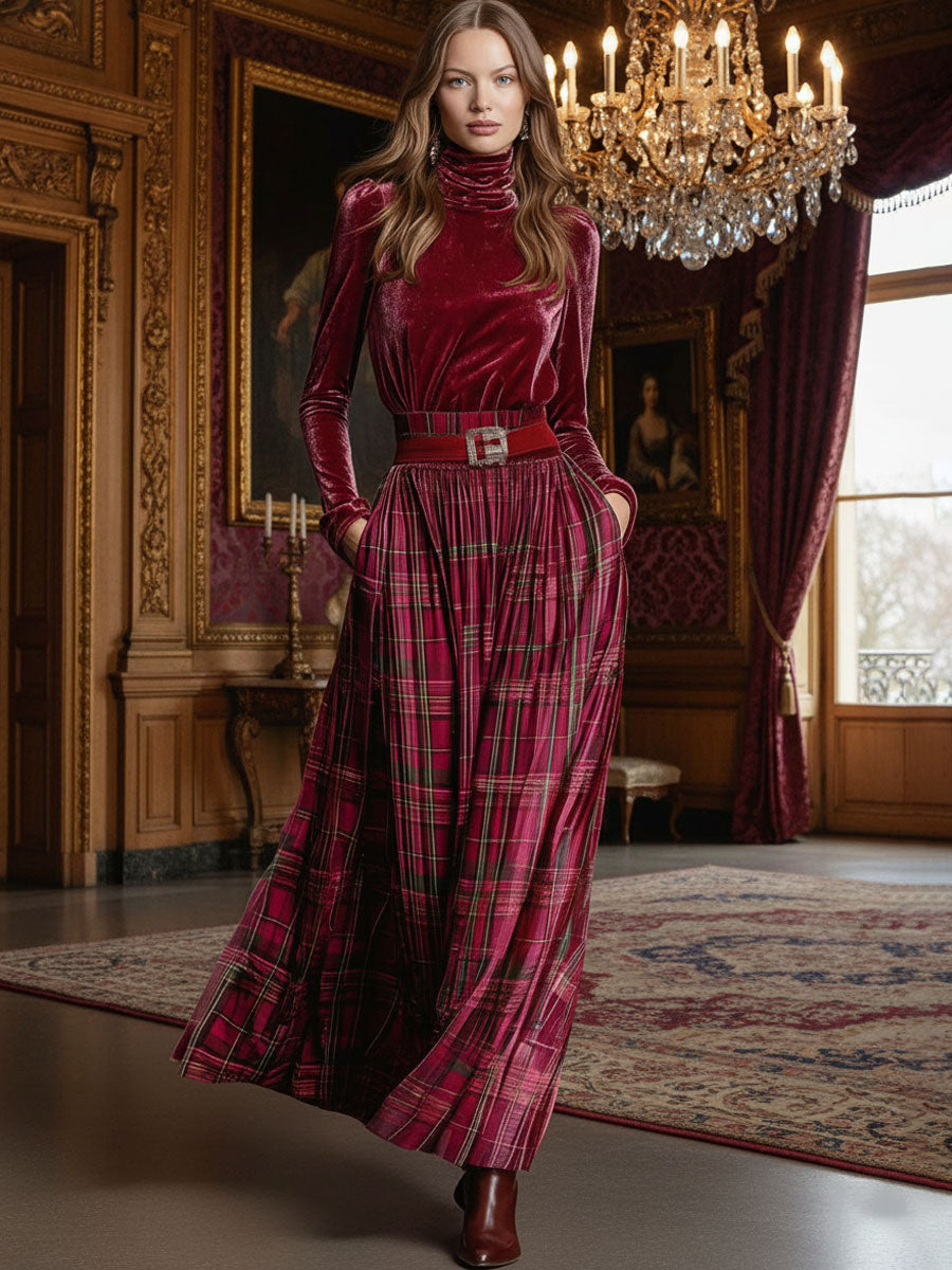Festive Retro Red Velvet Turtleneck Plaid Skirt Set