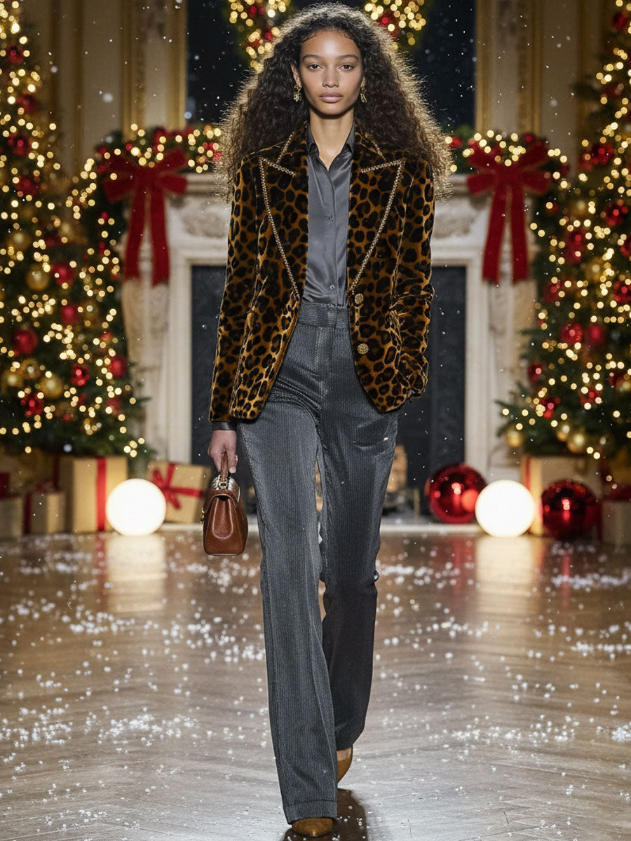 【24-hour shipping out】Casual Fashion Velvet Leopard Print Lapel Gold Edge Blazer