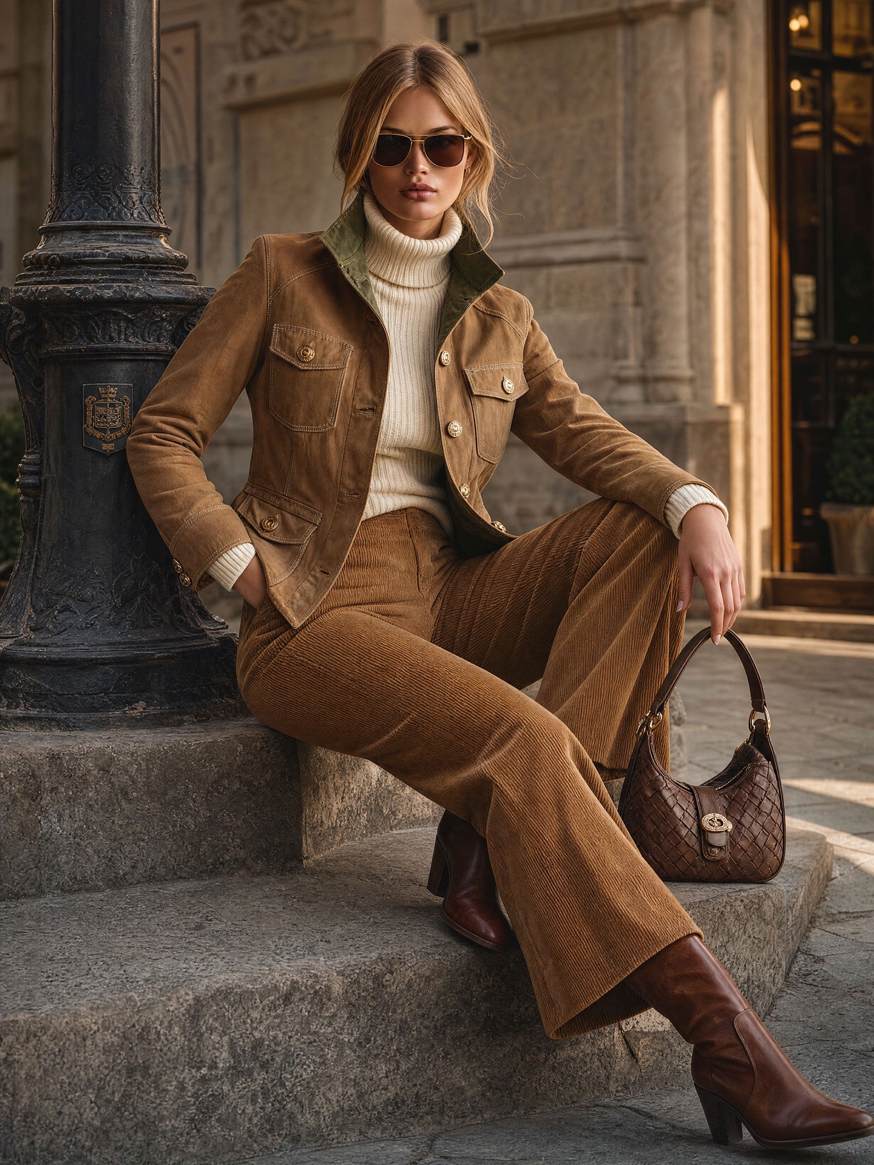 Casual Retro Color-blocked Cotton Multi-pocket Camel Work Jacket