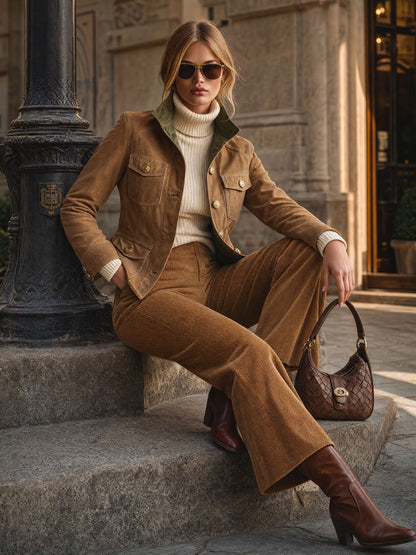 Casual Retro Color-blocked Cotton Multi-pocket Camel Work Jacket