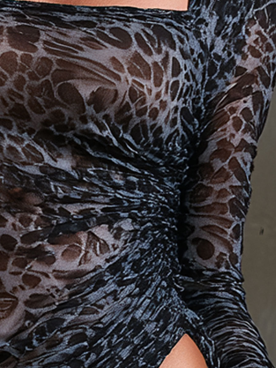 Retro Sexy Leopard Print One-Shoulder Long-Sleeve Mesh T-Shirt