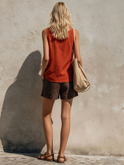 Retro Casual Orange Sleeveless V-neck Cotton Linen Top And Brown Shorts Set