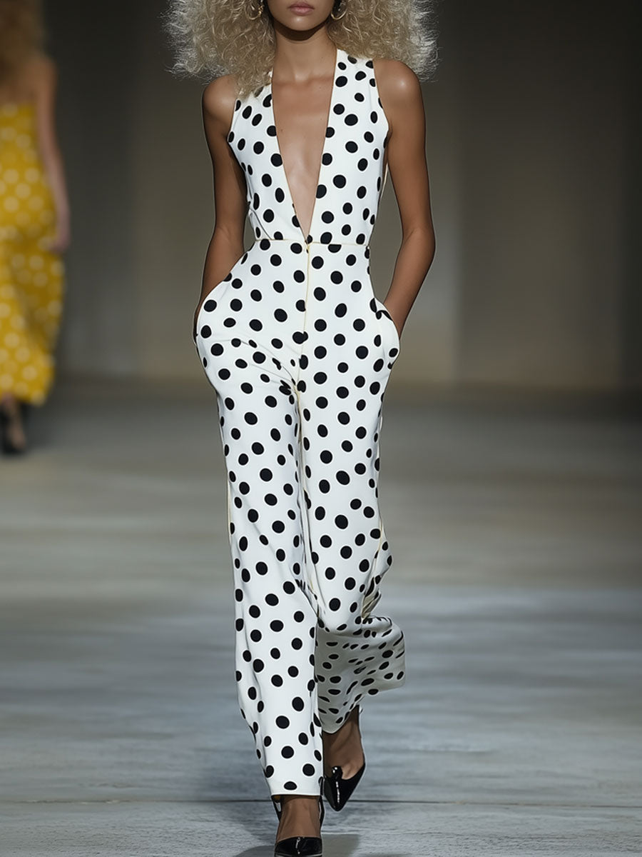 Casual Fashion V-neck Polka Dot Print White Sleeveless Wide-leg Jumpsuit