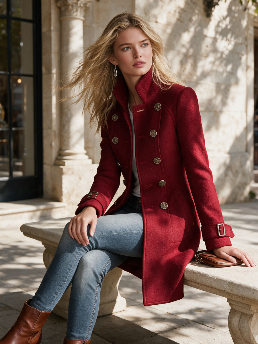 Classic Retro Red Stand-up Collar Double-breasted Coat