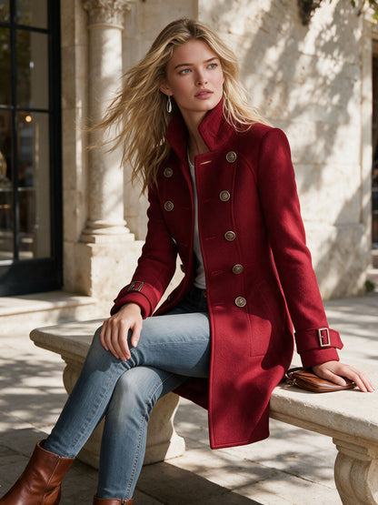 Classic Retro Red Stand-up Collar Double-breasted Coat