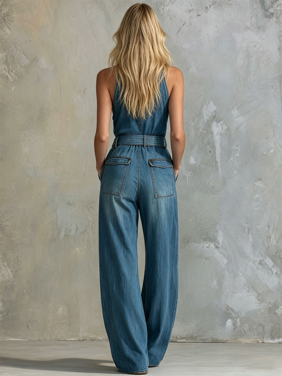 Casual Retro Blue Sleeveless Button Pocket Denim Jumpsuit