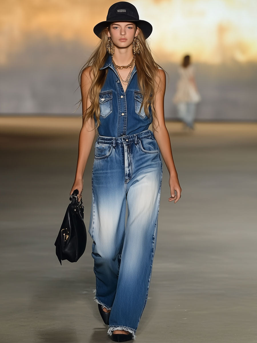 Casual Loose Retro Fashion Gradient Denim Sleeveless Wide Leg Jumpsuit