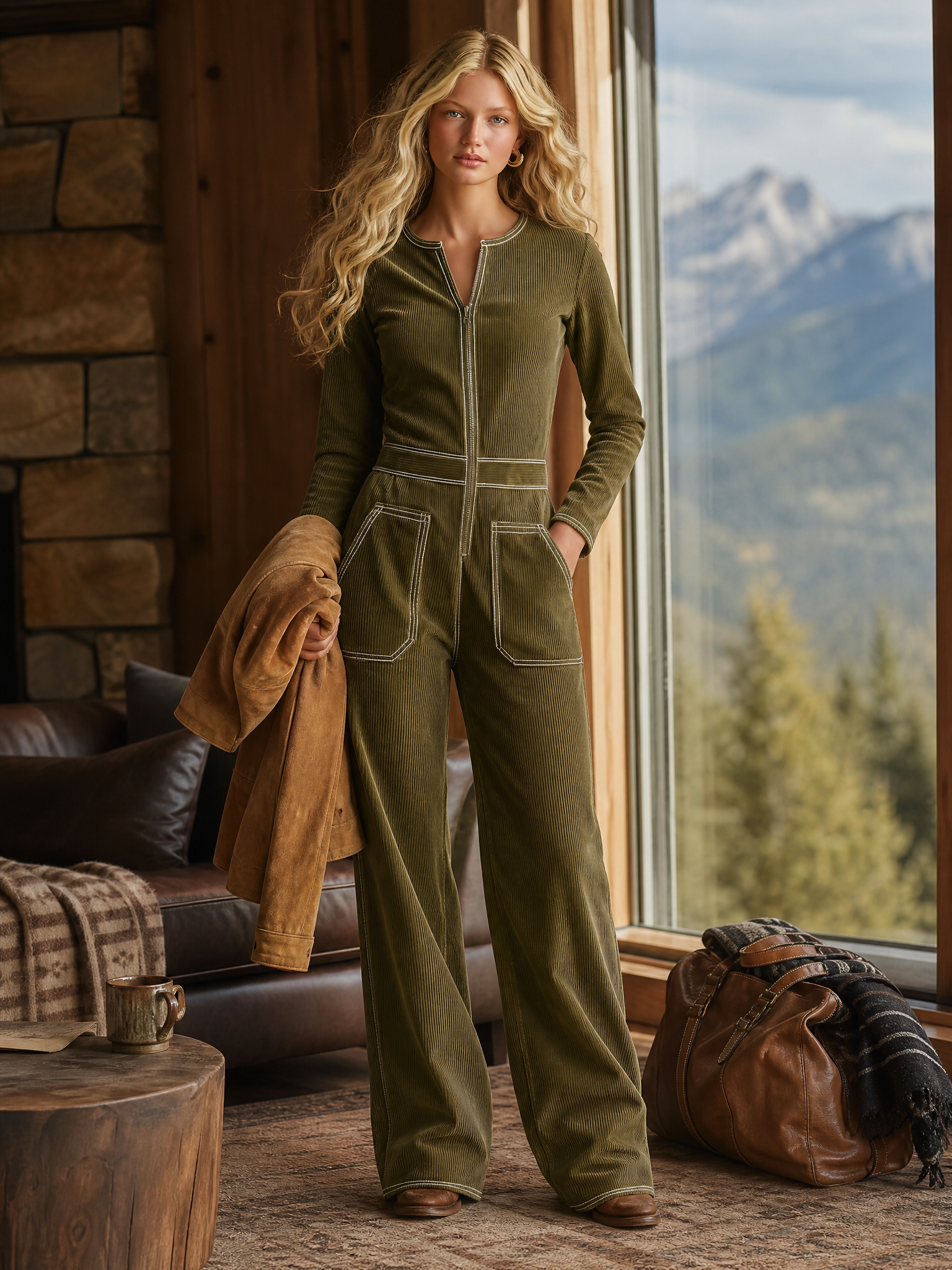 Retro-casual Elegant Western-style Green Corduroy Jumpsuit