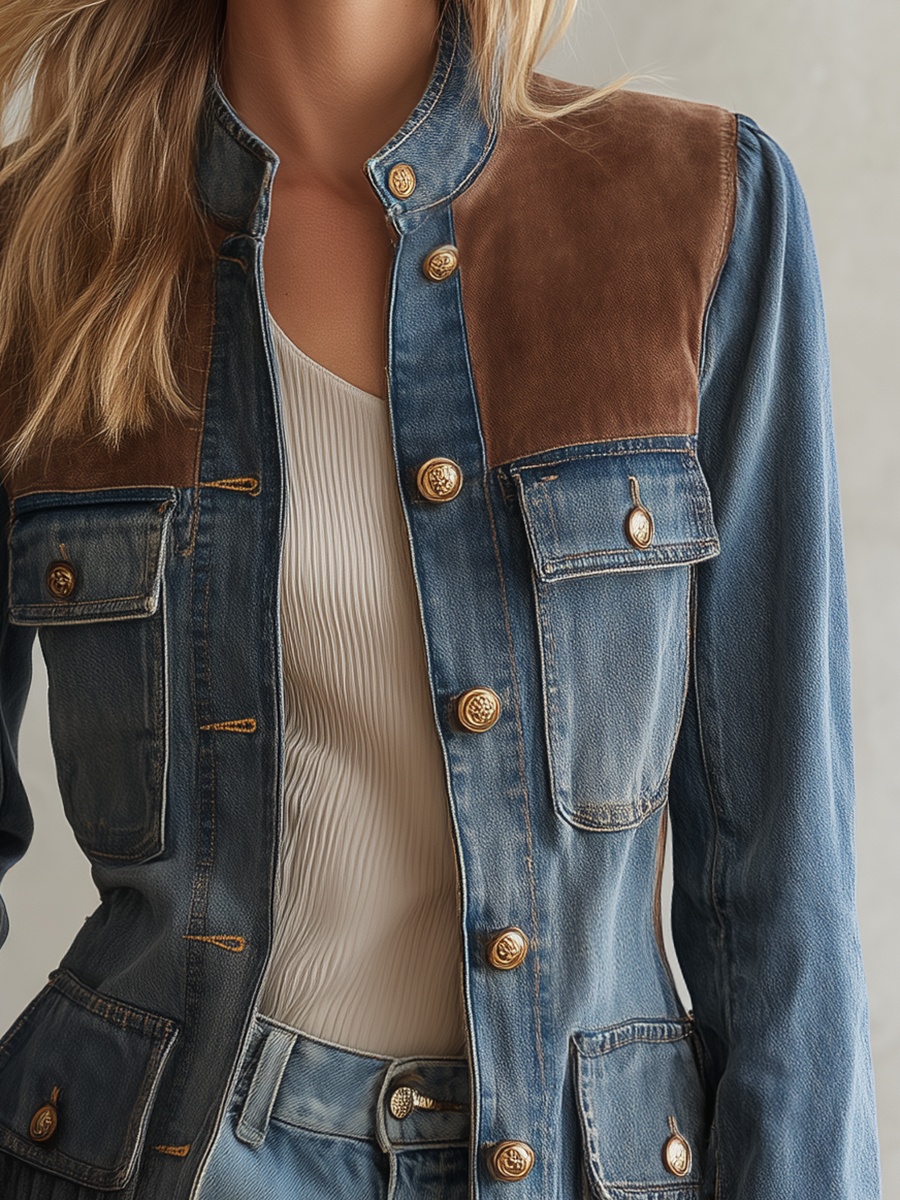 Women’s Denim Utility Jacket With Suede Trim
