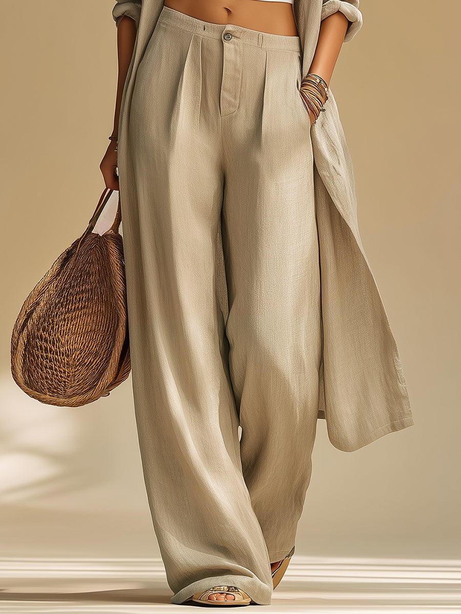 Retro-style Fashionable Casual Solid-color Long Top And Wide-leg Pants Set