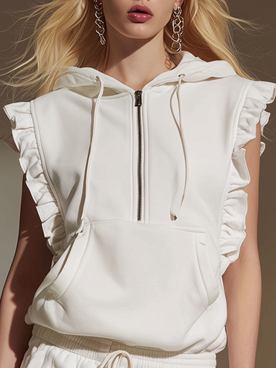 Stylish Sporty White Hooded Sleeveless Ruffled Sweatshirt And Skirt Set