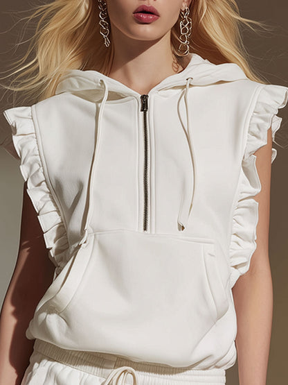 Stylish Sporty White Hooded Sleeveless Ruffled Sweatshirt And Skirt Set