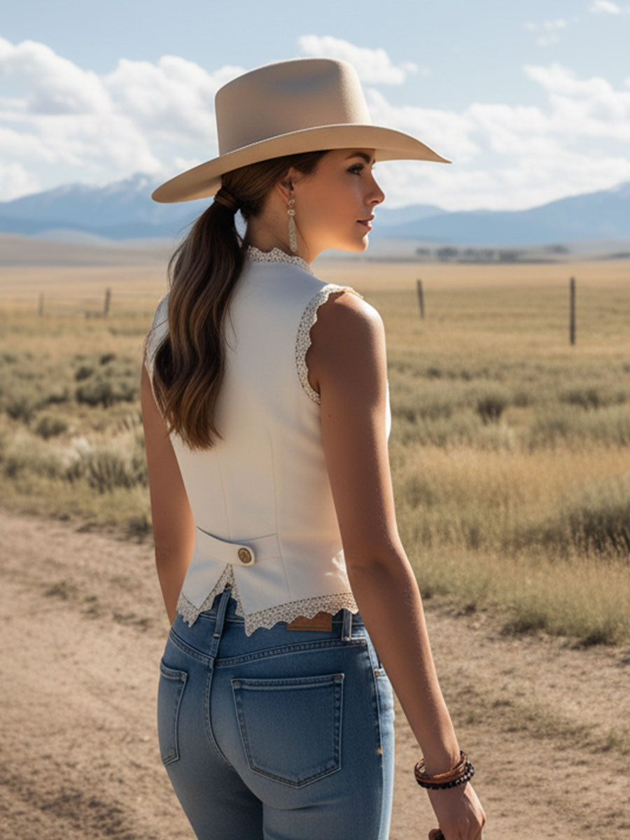Western-style Retro Lace-trimmed White Faux Suede Sleeveless Vest