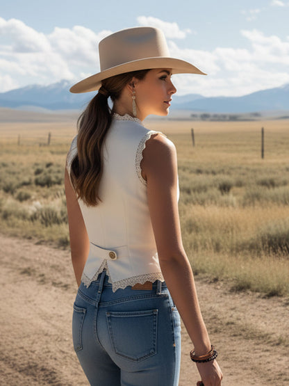 Western-style Retro Lace-trimmed White Faux Suede Sleeveless Vest