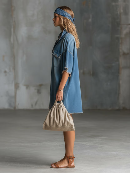 Stylish And Casual Frayed-edge Blue Denim Short-sleeved Mini Dress