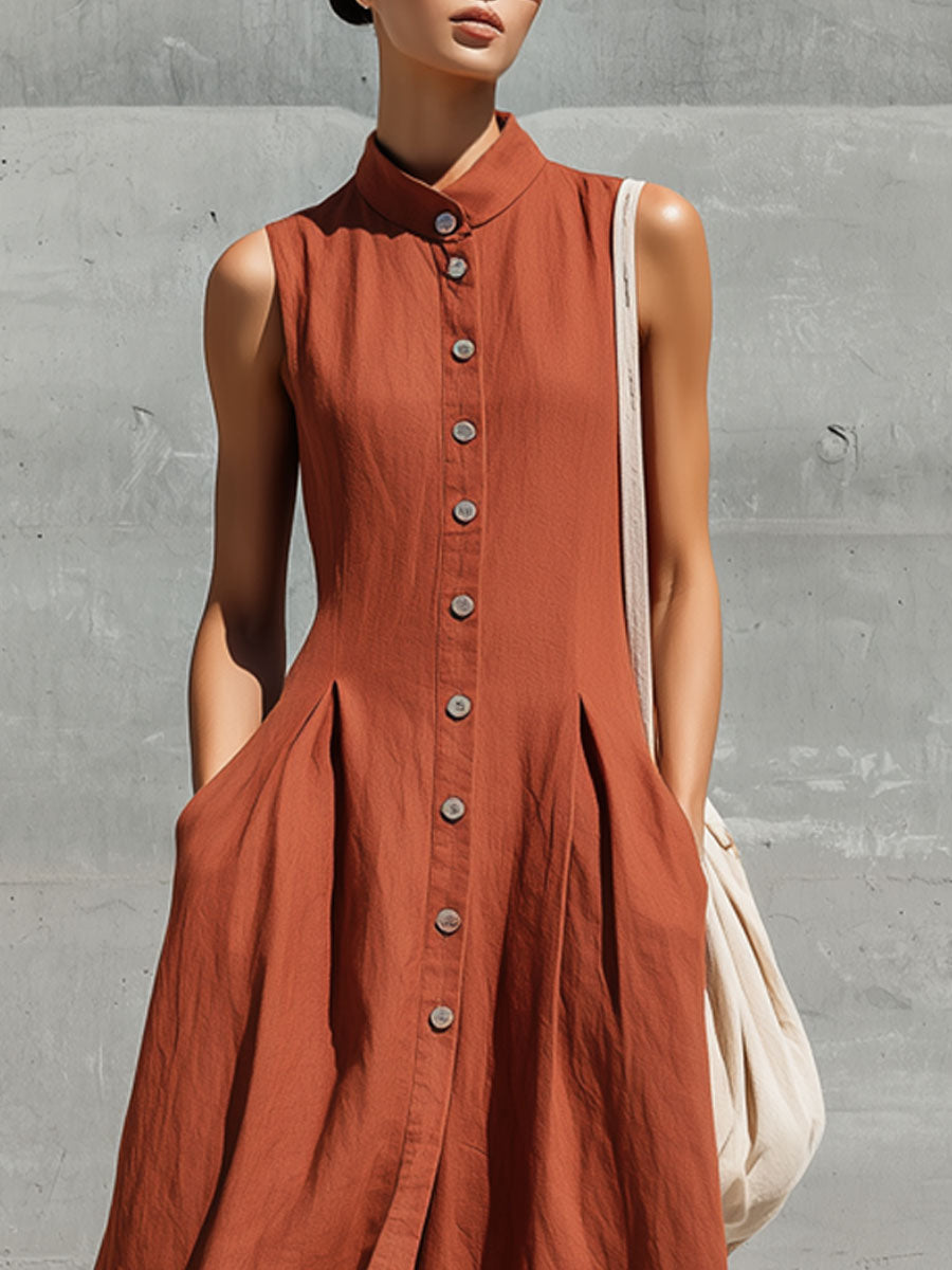 Casual Retro Brick Red Linen Sleeveless Cardigan Midi Dress