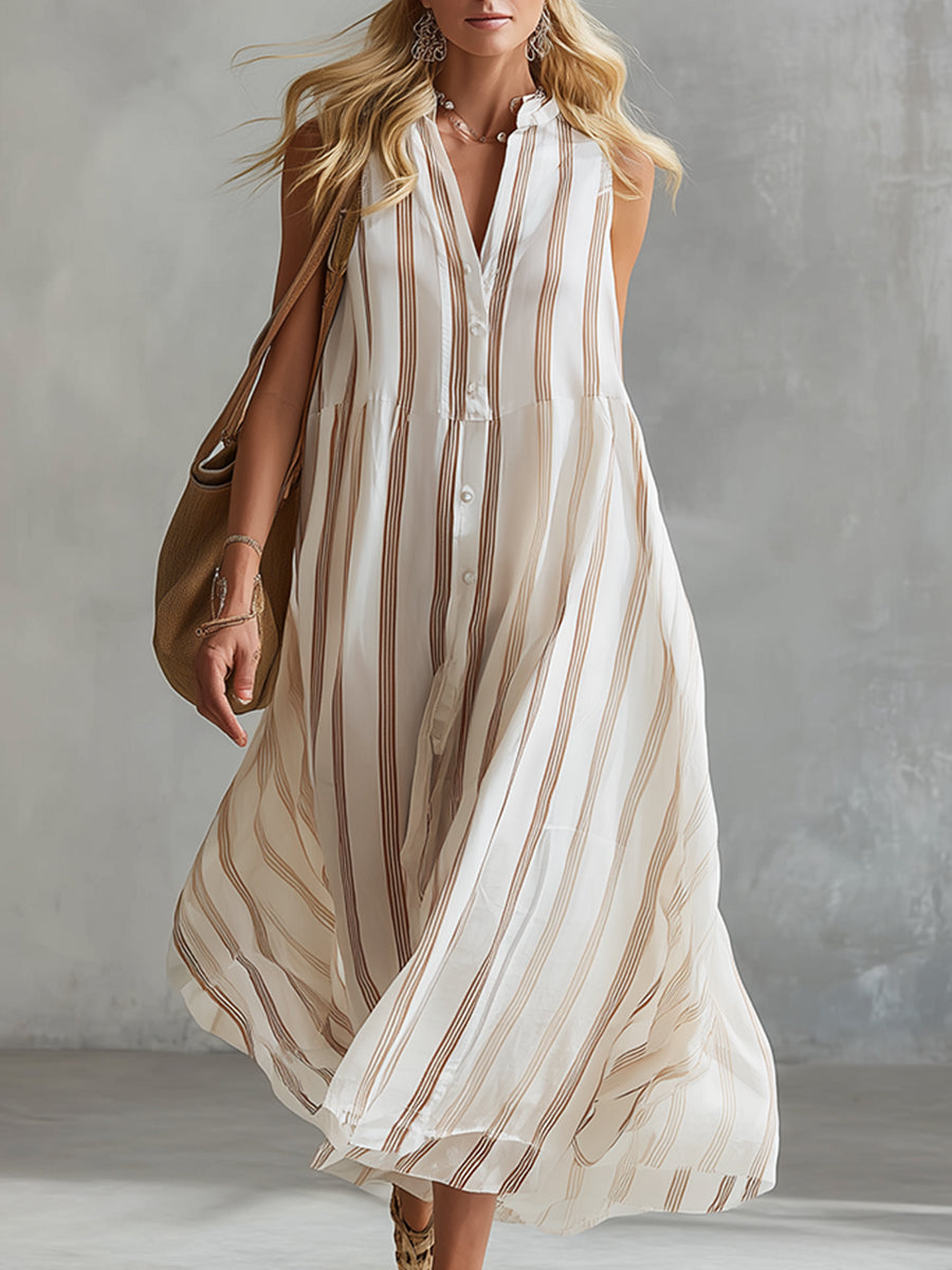 Romantic Vacation Style Off-white Chiffon Striped Print Sleeveless Maxi Dress