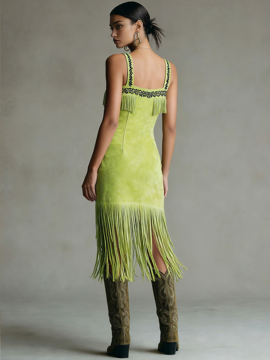 Western Retro Fluorescent Green Faux Suede Embroidered Tassel Midi Dress
