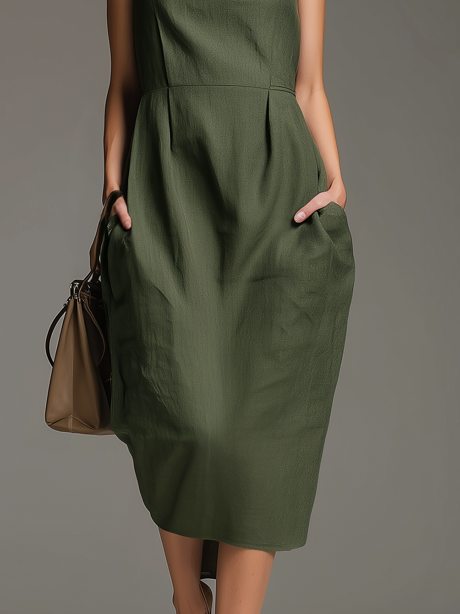 Casual And Stylish Sleeveless Cowl Neck And Pockets Midi Dress