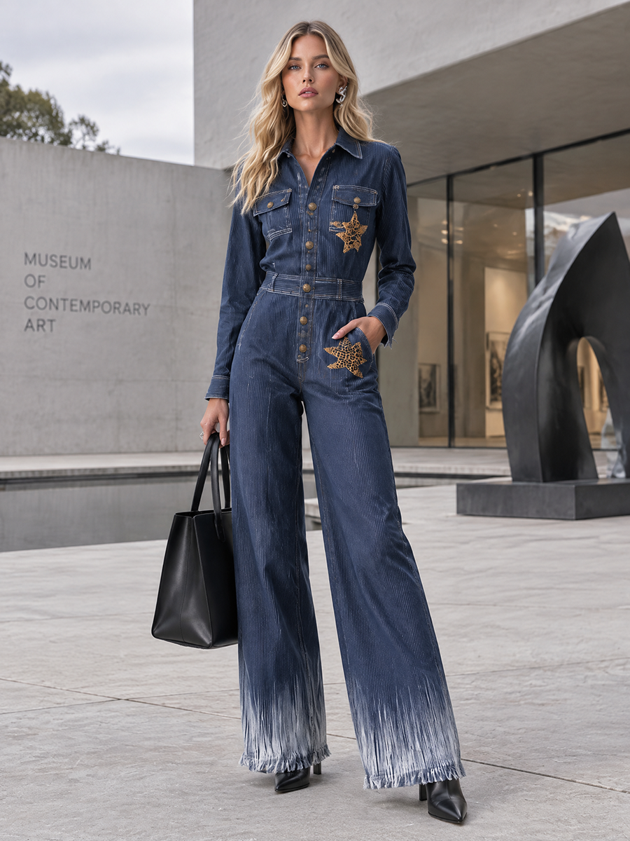 Women’s Navy Denim Jumpsuit With Leopard Star Patches