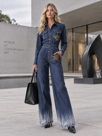 Women’s Navy Denim Jumpsuit With Leopard Star Patches