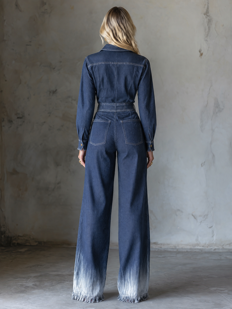 Women’s Navy Denim Jumpsuit With Leopard Star Patches