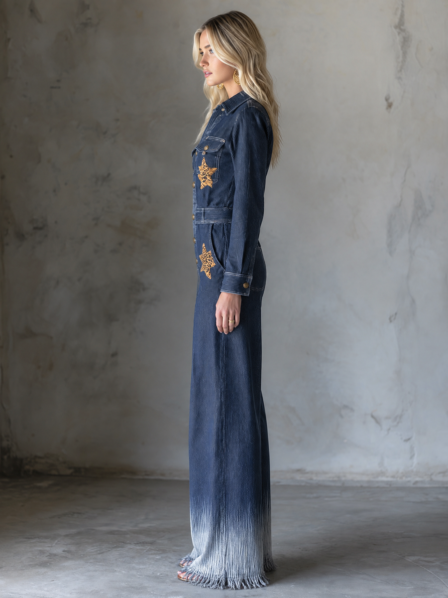 Women’s Navy Denim Jumpsuit With Leopard Star Patches