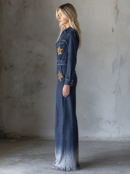 Women’s Navy Denim Jumpsuit With Leopard Star Patches
