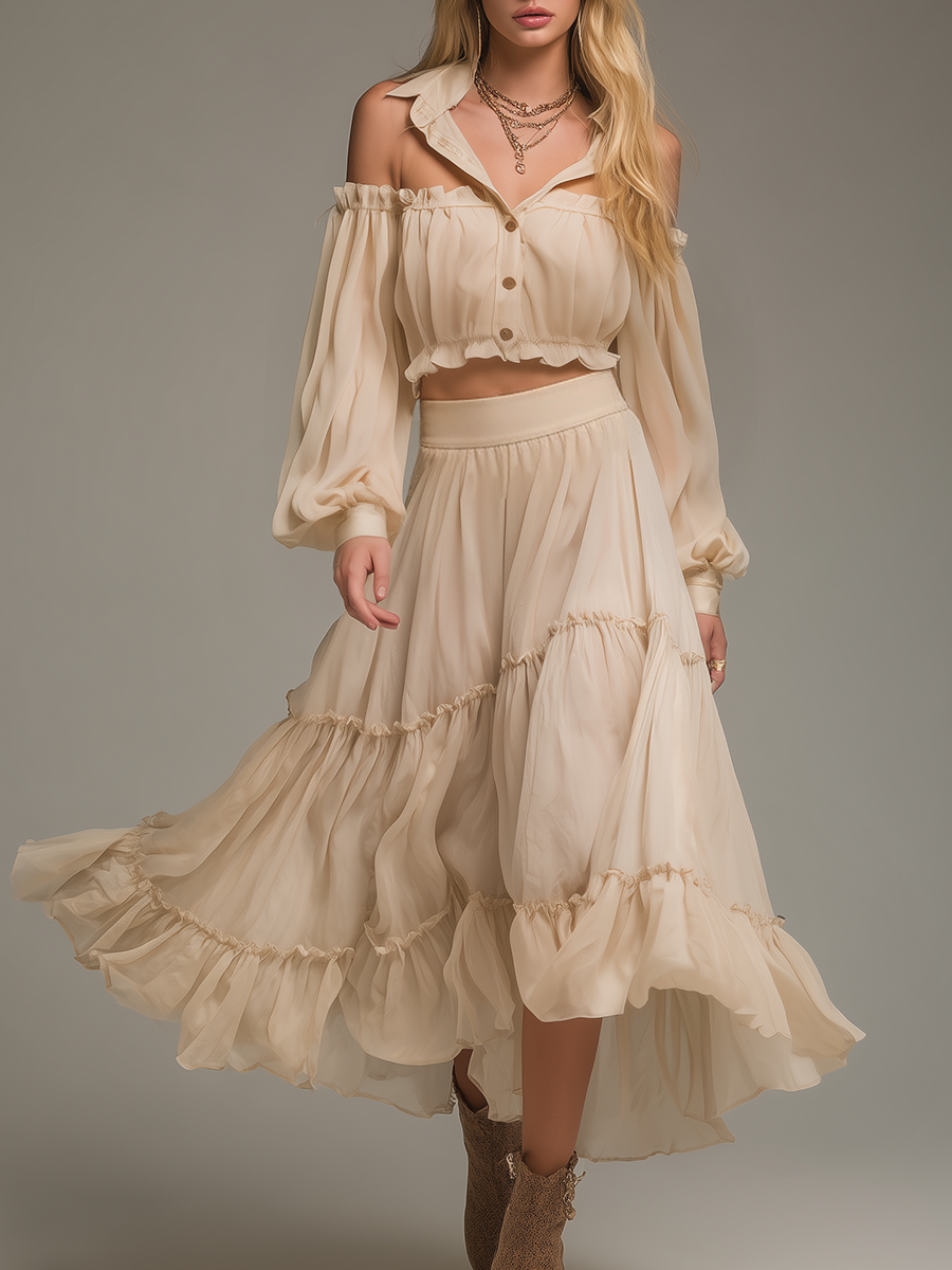 Elegant Stylish Long Sleeve Chiffon Blouse And Ruffled Skirt Set