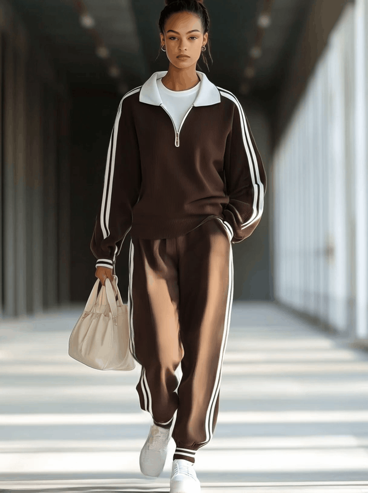 【24-hour shipping out】Casual Loose Retro Striped Polo Collar Zipper Sports Sweatshirt Set